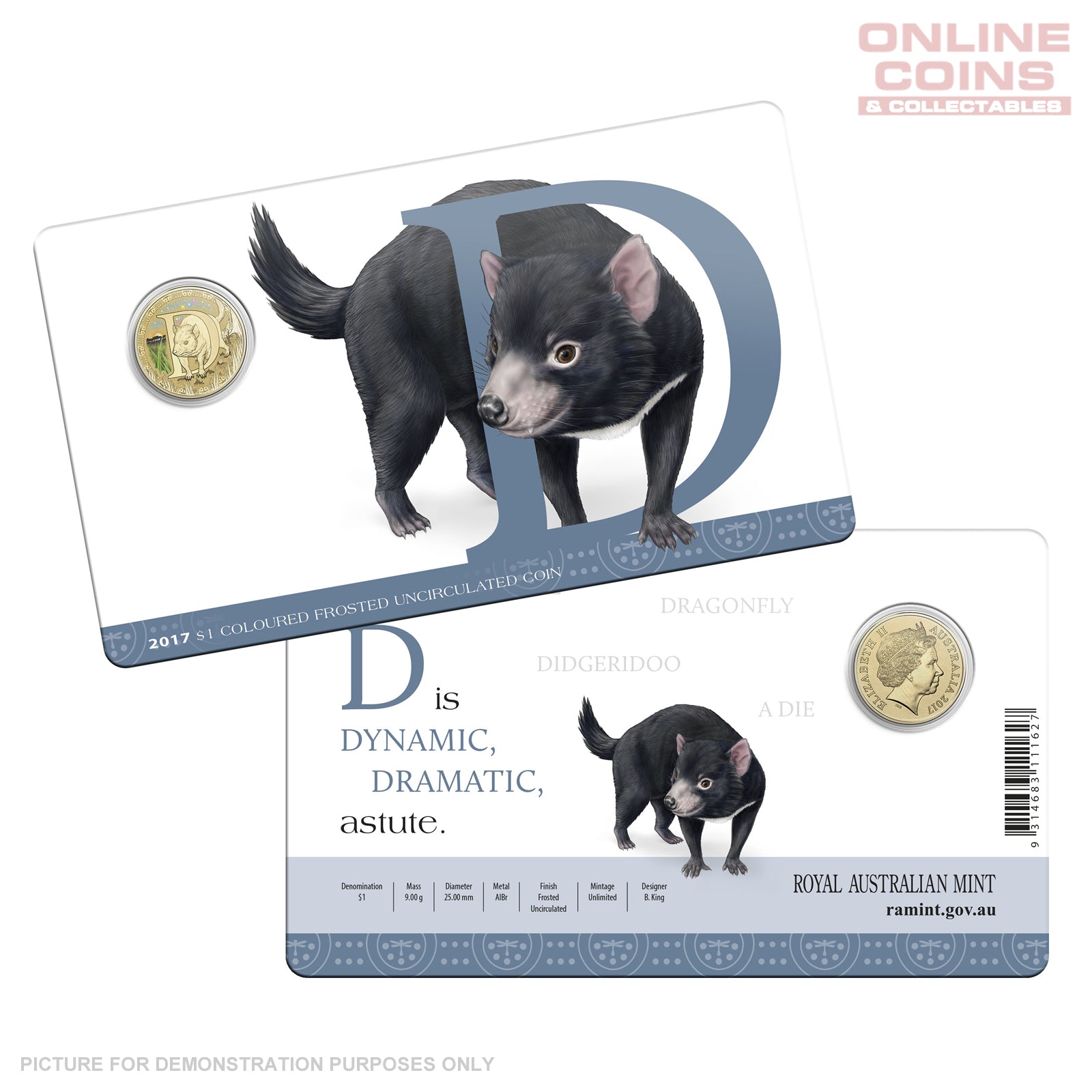 2017 $1 Coloured Alphabet Frosted Coin In Card - D For Devil